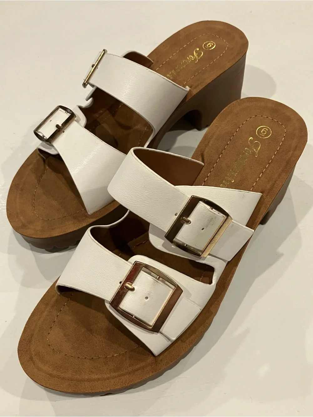 White Buckle-Detail Slide Heels